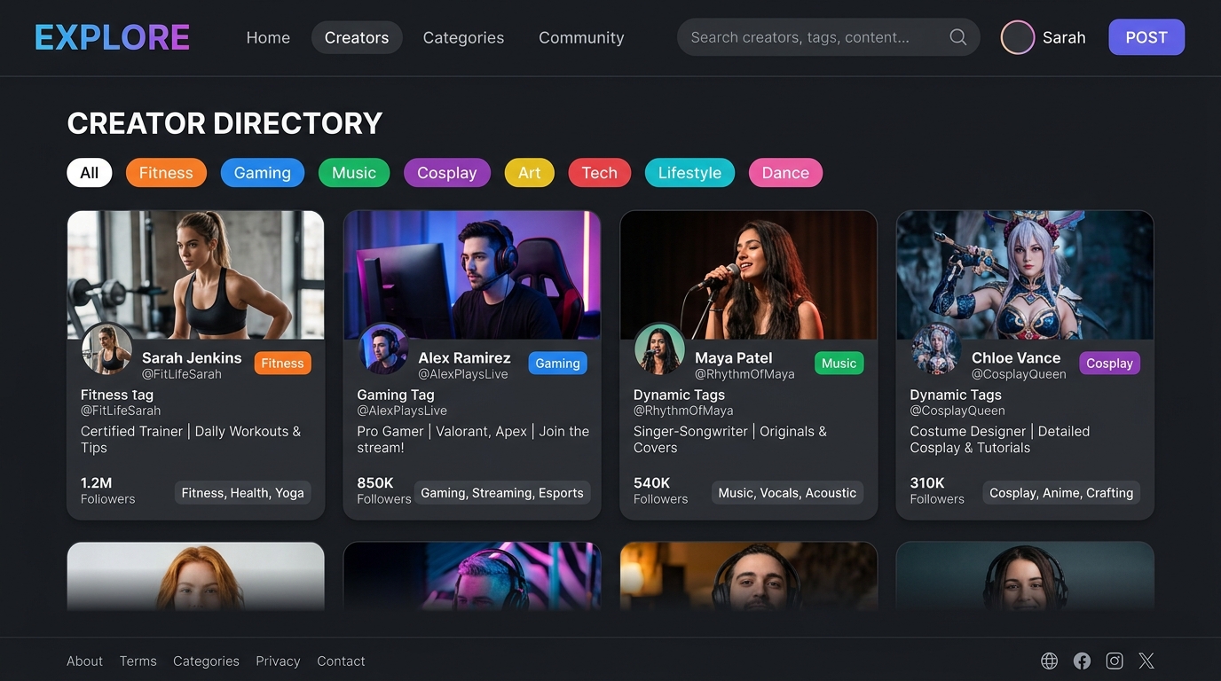 creator categories directory user interface layout mockup