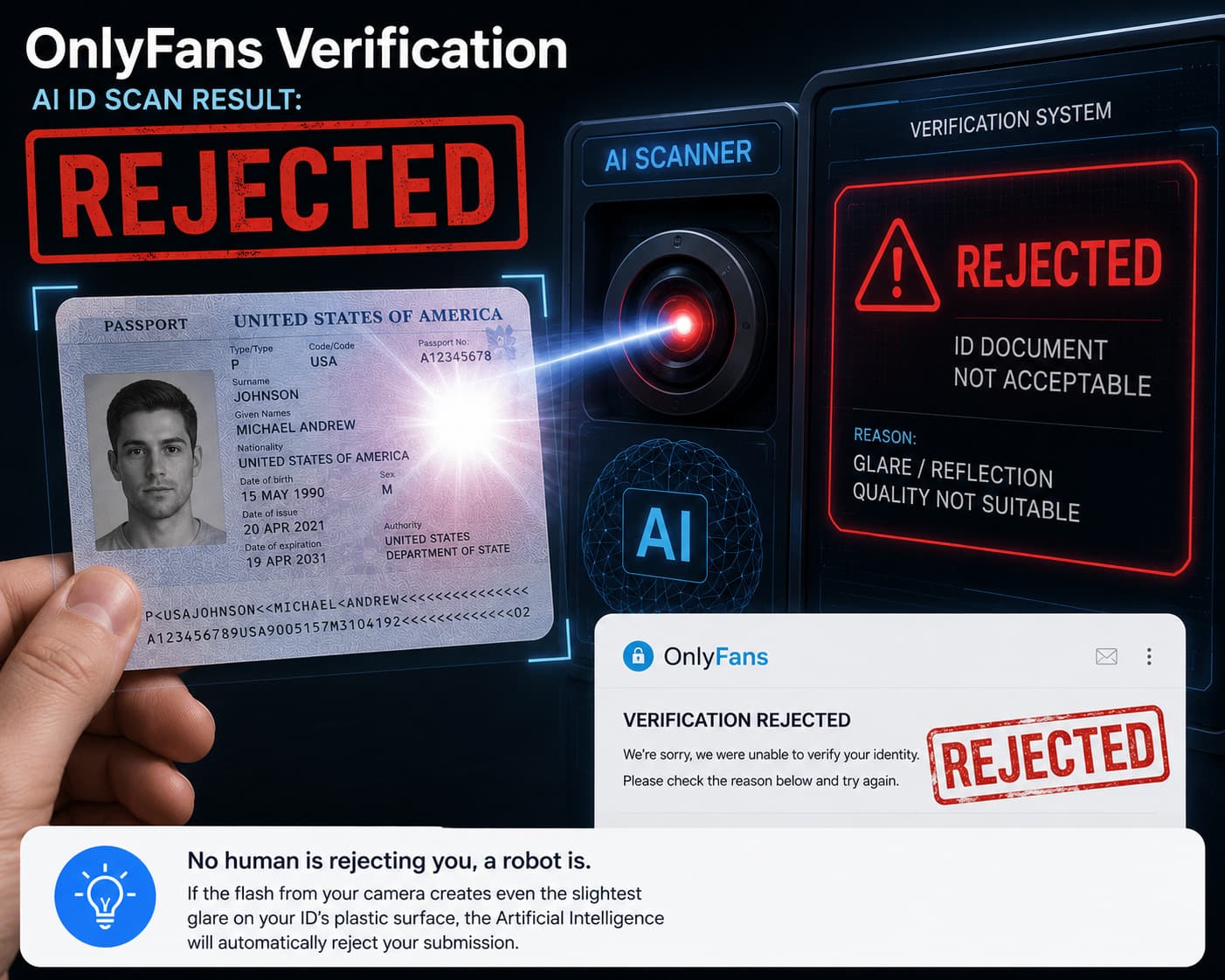 OnlyFans verification rejected email due to AI scanning glare