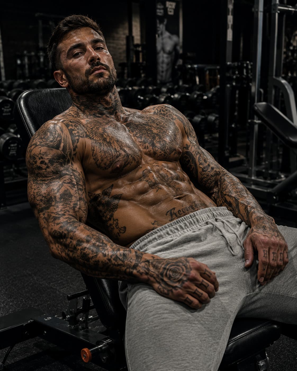 Matthew Camp, a heavily tattooed hardcore gym influencer on OnlyFans, resting in the gym.