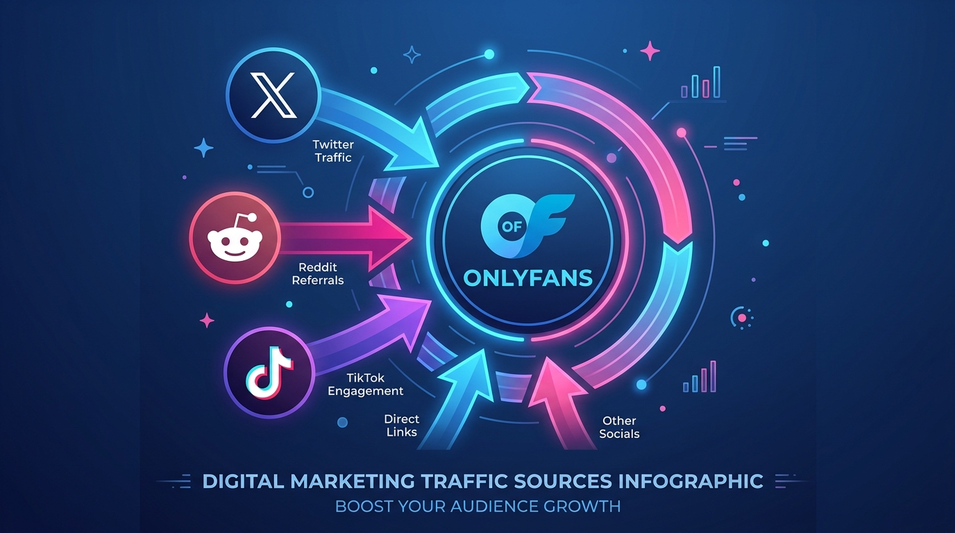 Gráfico de embudo de tráfico mostrando fuentes como Reddit y Twitter para creadores de OnlyFans.